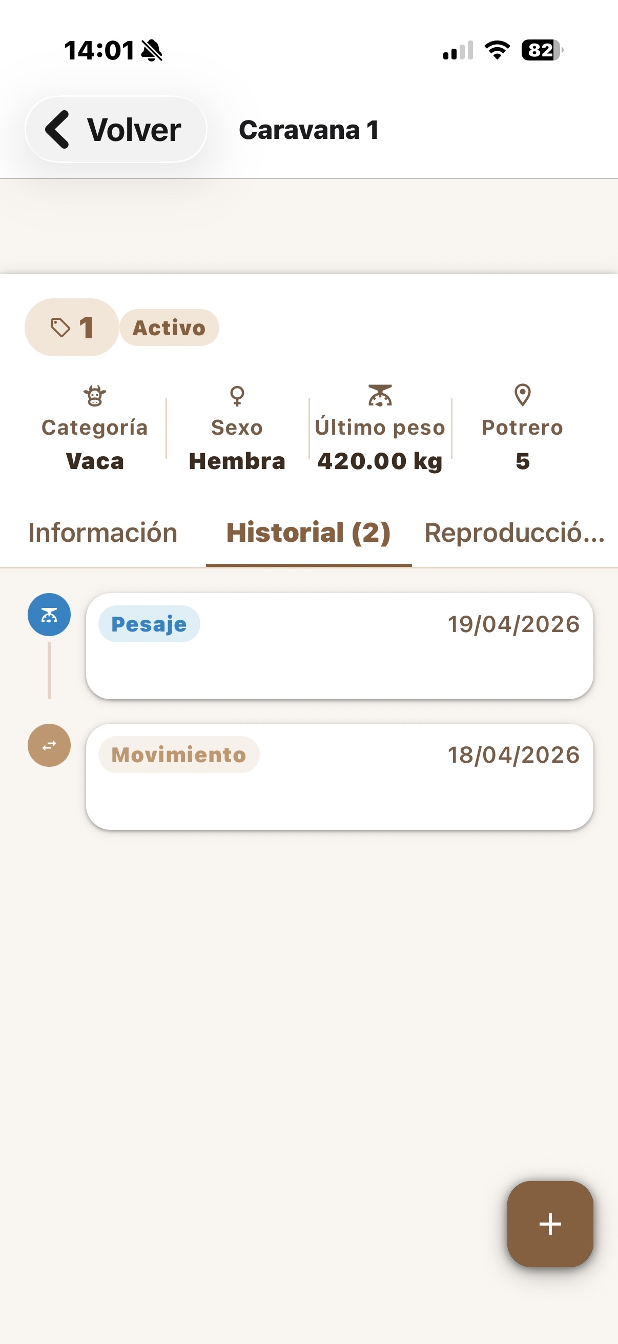 Historial de pesadas y movimientos por animal