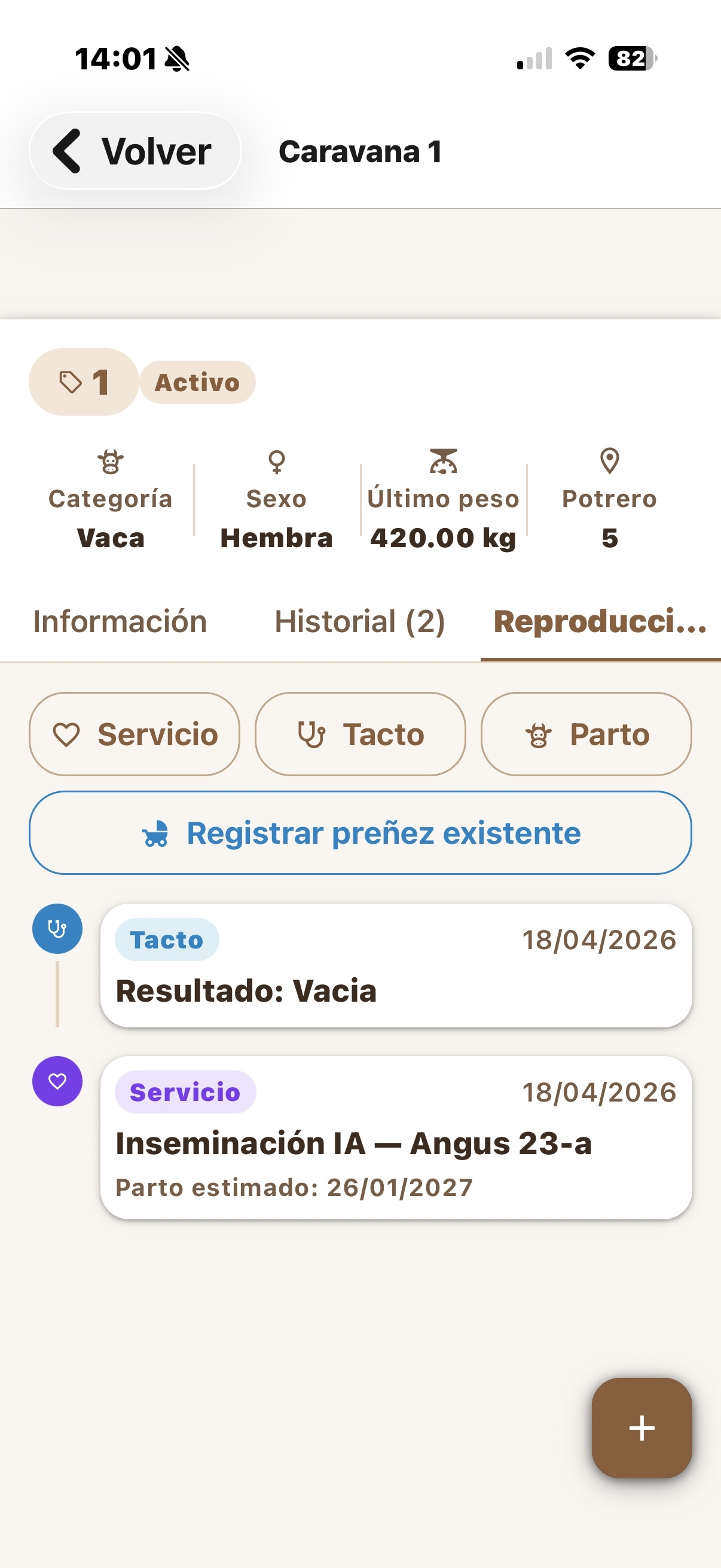Registro reproductivo: servicios, tactos y partos